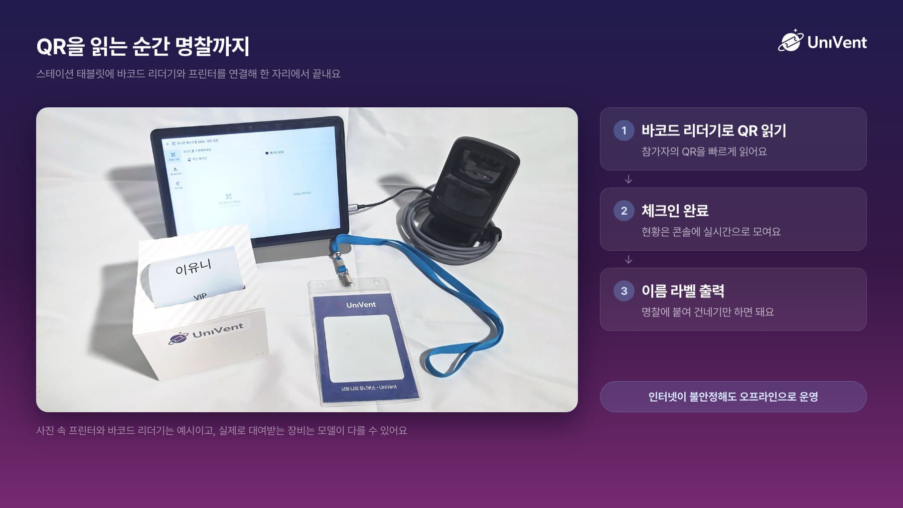 QR을 읽는 순간 명찰까지: 스테이션 태블릿과 바코드 리더기, 명찰 프린터