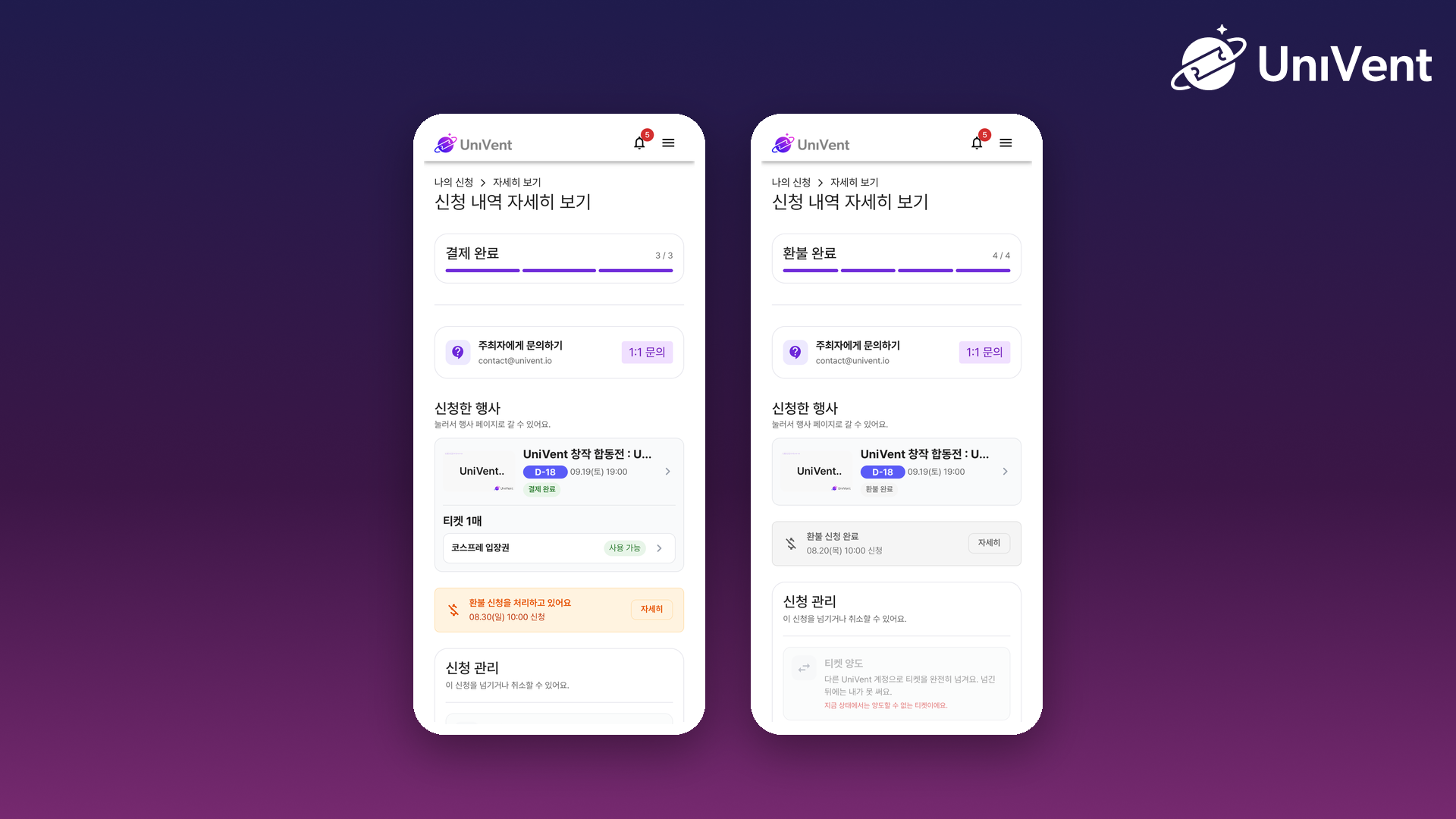 환불을 처리하고 있는 신청 상세와 환불 완료된 신청 상세